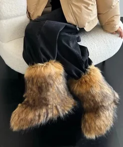 Women's Winter Snow Boots Outdoor Luxury Furry Faux Fox Fur Boots Woman Plush Warm Platform Shoes New Fashion Bottes Big Size 46