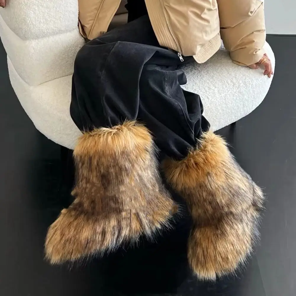 Women's Winter Snow Boots Outdoor Luxury Furry Faux Fox Fur Boots Woman Plush Warm Platform Shoes New Fashion Bottes Big Size 46