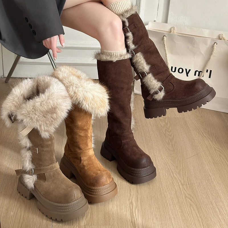 Winter Platform Thick Bottom Fur Lining Woman Knight High Boots Fashion Belt Buckle Stripper Party Shoes Female Long Booties