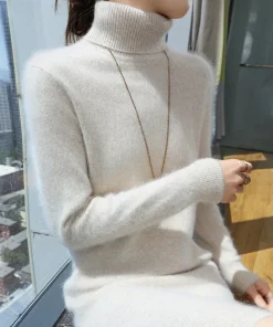 New hot selling 100% mink cashmere knitted women's high neck pullover dress sweater slim fit solid color long women's dress - Image 3