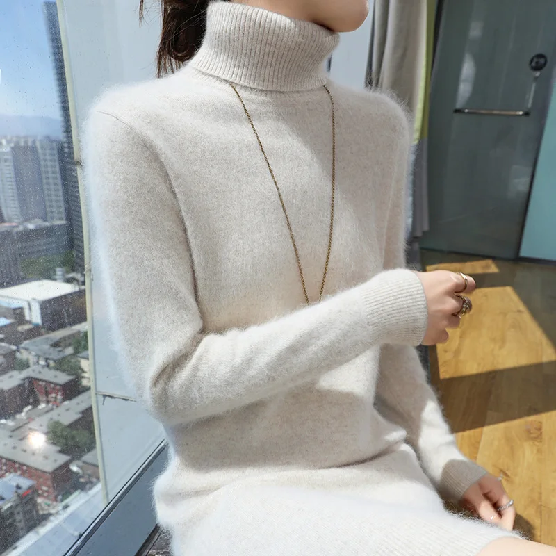 New hot selling 100% mink cashmere knitted women's high neck pullover dress sweater slim fit solid color long women's dress - Image 3