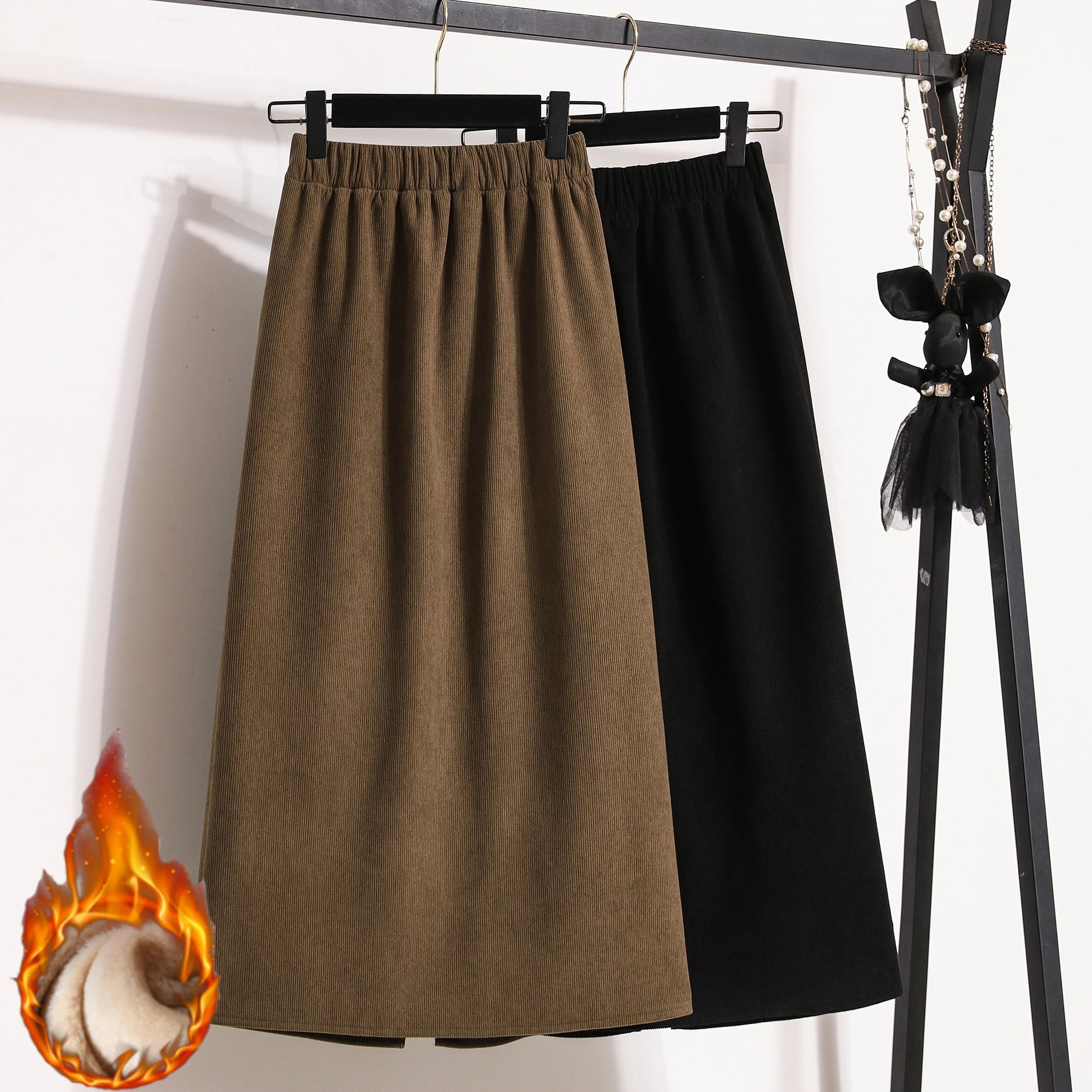 2026 Autumn Winter Plus Size Skirts Women High Waist Solid A-line Skirt Back Slit Korean Thick Elegant Fleece-lined Style Skirts