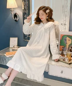 Womens Nightwear Nightdress Flannel Thickened Solid Colour Nightgown Doll Collar Student Warm Coral Velvet Ruffle Dress Robes Se - Image 3