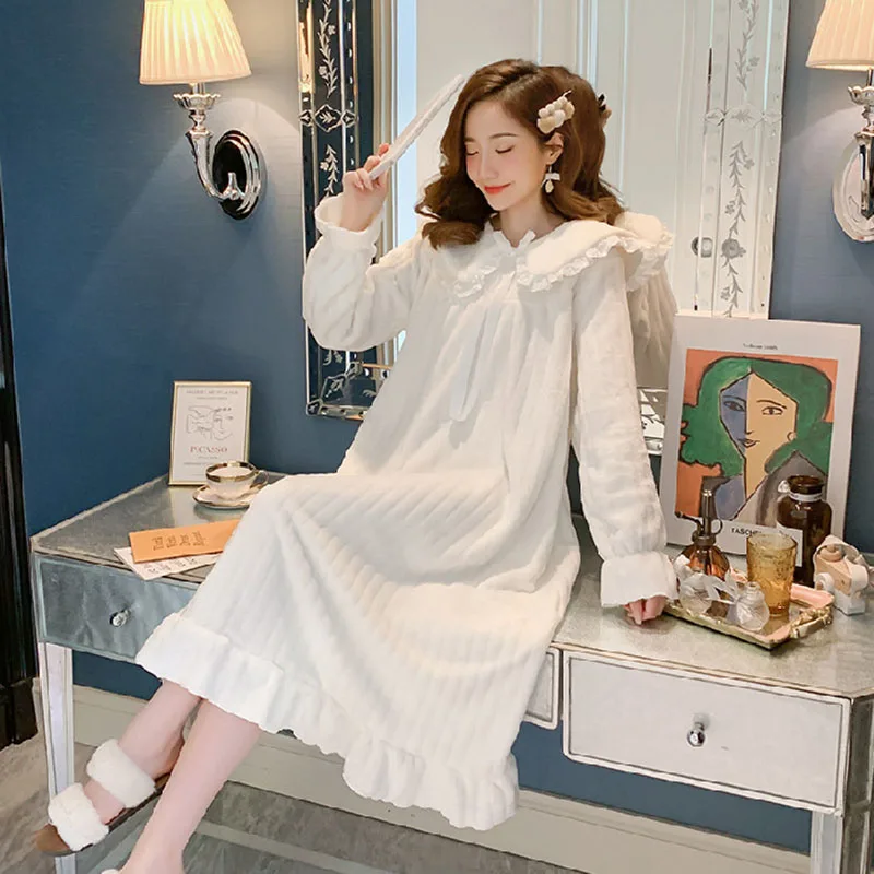 Womens Nightwear Nightdress Flannel Thickened Solid Colour Nightgown Doll Collar Student Warm Coral Velvet Ruffle Dress Robes Se - Image 3