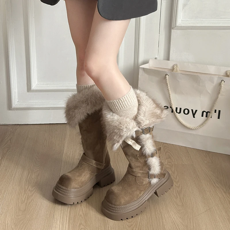 Winter Platform Thick Bottom Fur Lining Woman Knight High Boots Fashion Belt Buckle Stripper Party Shoes Female Long Booties - Image 3