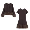 Autumn New Women's Clothing European and American Artificial Fur Effect Splicing Knitted Coat Knitted Dress Set