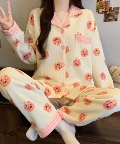 Two-Piece Set Ladies Pajamas Set Long-Sleeved Cartoon Sweet Cute Print Cardigan Home Wear Simple Sleepwear Winter Autumn New - Image 4
