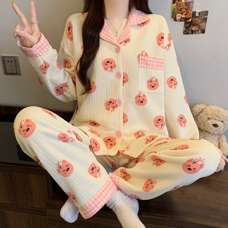 Two-Piece Set Ladies Pajamas Set Long-Sleeved Cartoon Sweet Cute Print Cardigan Home Wear Simple Sleepwear Winter Autumn New - Image 4