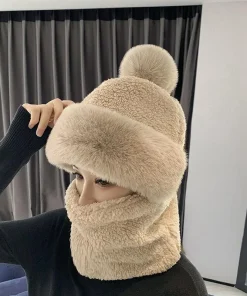 Winter Scarf Set Hooded for Women Plush Neck Warm Russia Outdoor Ski Windproof Hat Thick Plush Fluffy Beanies - Image 4
