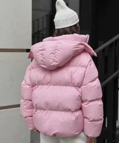 HH Woman Casual Long Sleeves Pockets 4-Color Solid Coats Winter Woman Zipper Drawstring Detachable Hooded Warm Cotton-padded