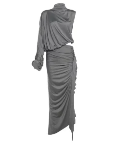 SIsterlinda Unique Irregular Women 2 Piece Set Solid Swinging Pleated Single Full Sleeve Turtleneck Tops+Matching Split Skirts - Image 6