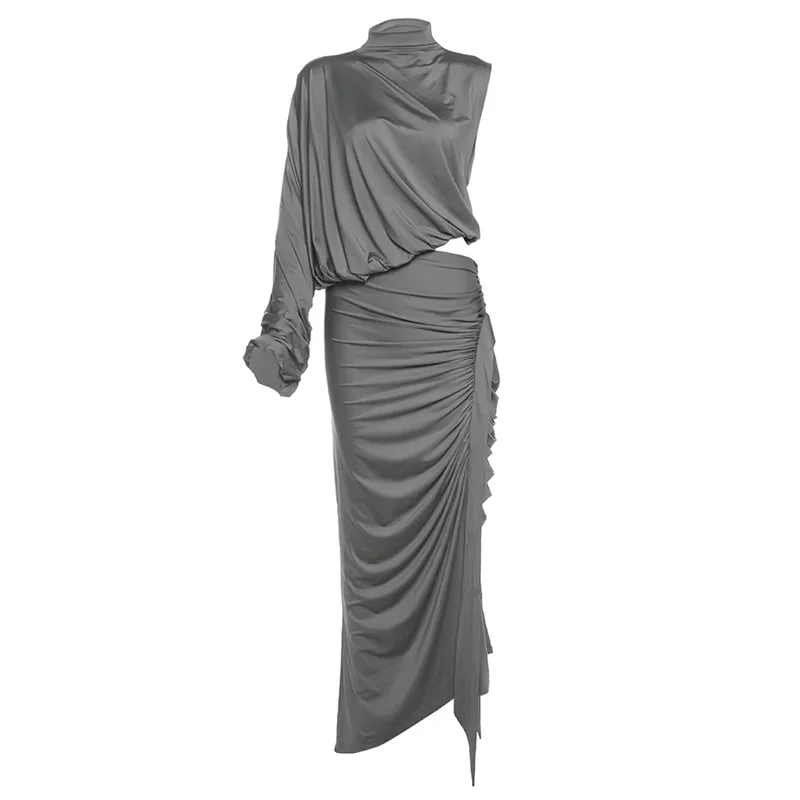 SIsterlinda Unique Irregular Women 2 Piece Set Solid Swinging Pleated Single Full Sleeve Turtleneck Tops+Matching Split Skirts - Image 6