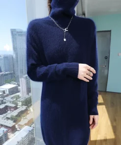 TLOML Women 100% Mink Cashmere Dress Turtleneck Pullover Casual Style Autumn Winter Slim Soft Warm Cashmere Knitted Short Dress - Image 6
