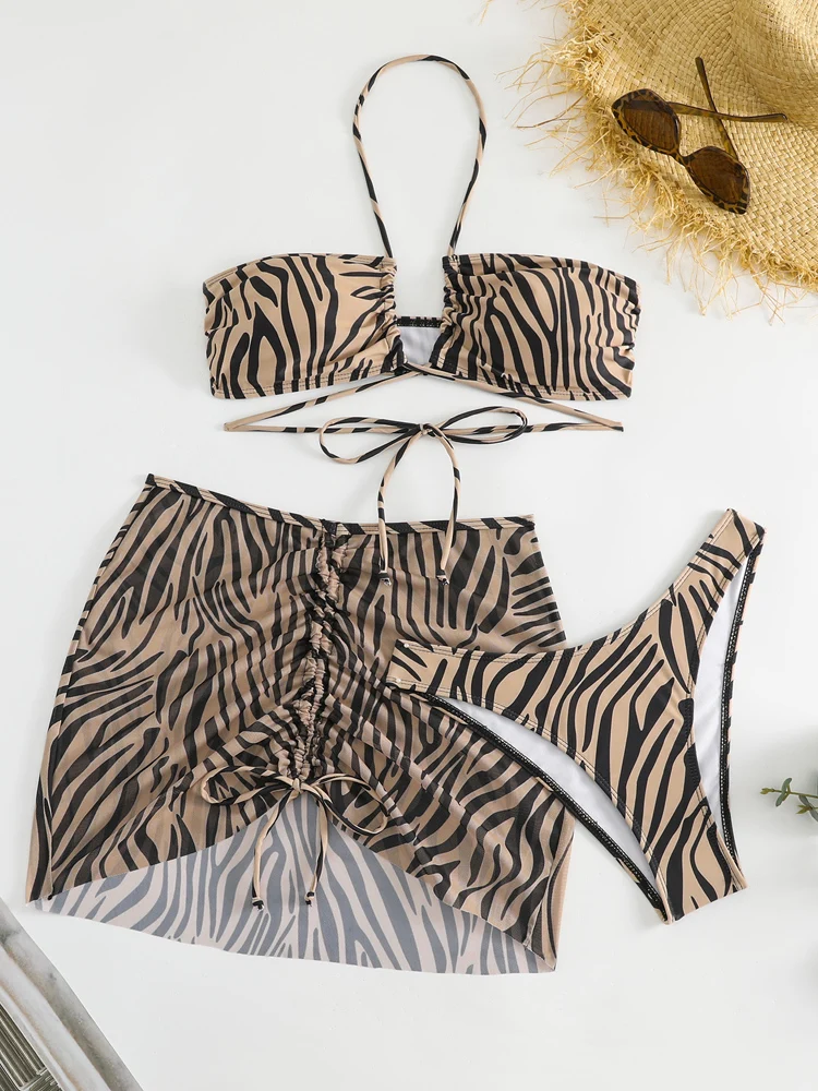 Vigorashely 2025 Sexy Leopard 3 Piece Mesh Skirt Bikini Set Women Swimsuit Halter Push UP Swimwear Backless Summer Bathing Suit - Image 4
