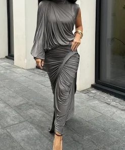 SIsterlinda Unique Irregular Women 2 Piece Set Solid Swinging Pleated Single Full Sleeve Turtleneck Tops+Matching Split Skirts