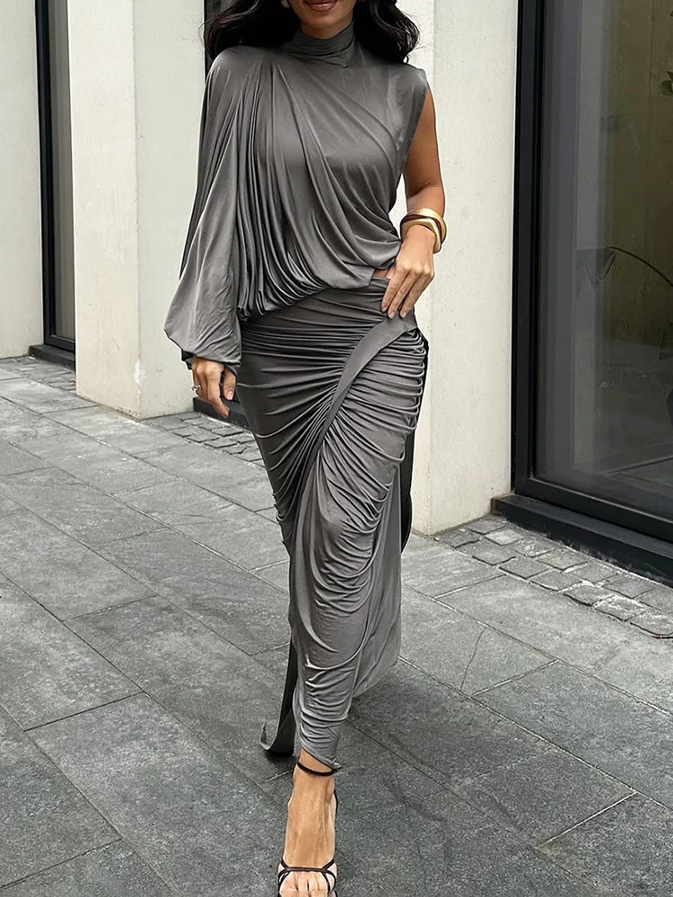 SIsterlinda Unique Irregular Women 2 Piece Set Solid Swinging Pleated Single Full Sleeve Turtleneck Tops+Matching Split Skirts