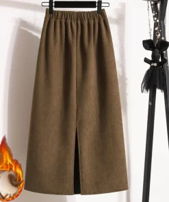2026 Autumn Winter Plus Size Skirts Women High Waist Solid A-line Skirt Back Slit Korean Thick Elegant Fleece-lined Style Skirts - Image 3