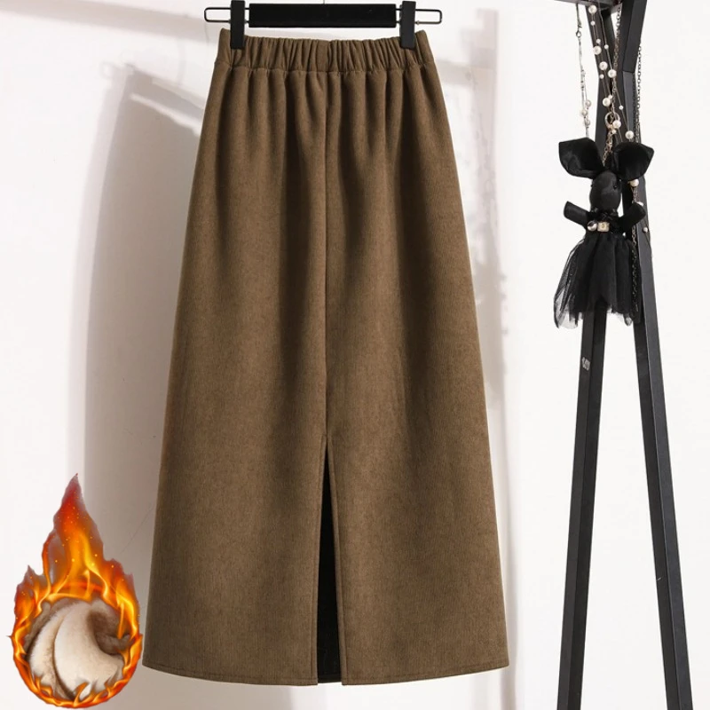 2026 Autumn Winter Plus Size Skirts Women High Waist Solid A-line Skirt Back Slit Korean Thick Elegant Fleece-lined Style Skirts - Image 3