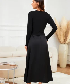 Alternative view of VEITCHE 2025 Fashion Women Long Dress Suit Cotton V-Neck knitted Top with Belt + Satin Solid Color Strap Long Skirt