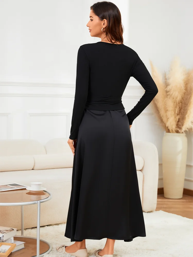 VEITCHE 2025 Fashion Women Long Dress Suit Cotton V-Neck knitted Top with Belt + Satin Solid Color Strap Long Skirt - Image 2