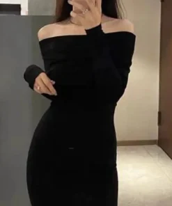 Elegant Off Shoulder Maxi Dress Bodycon Sweater Dress Solid Color Long Sleeve Knitted Party Dresses - Image 3