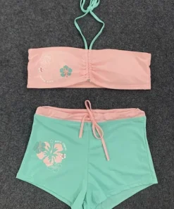 European American Y2K Sexy Cute Spicy Girl Strapless Hanging Neck Lace Up Bikini Color Blocking Shorts Two-piece Women Clothing - Image 4