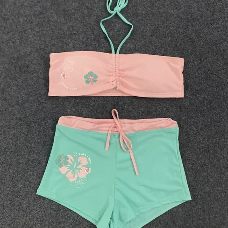 European American Y2K Sexy Cute Spicy Girl Strapless Hanging Neck Lace Up Bikini Color Blocking Shorts Two-piece Women Clothing - Image 4