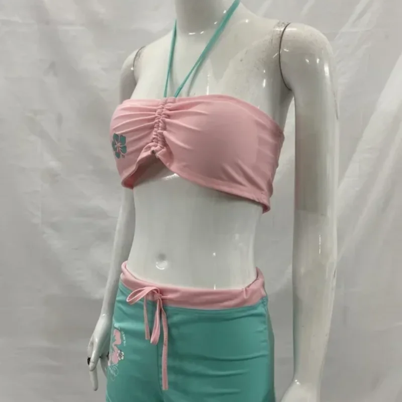 European American Y2K Sexy Cute Spicy Girl Strapless Hanging Neck Lace Up Bikini Color Blocking Shorts Two-piece Women Clothing - Image 2