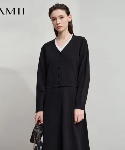 AMII Dress Ladies 2025 Autumn New Woman Clothing V-neck Fake Two-piece Knitted A-line Casual Elegant Dresses For Woman 12543051 - Image 4