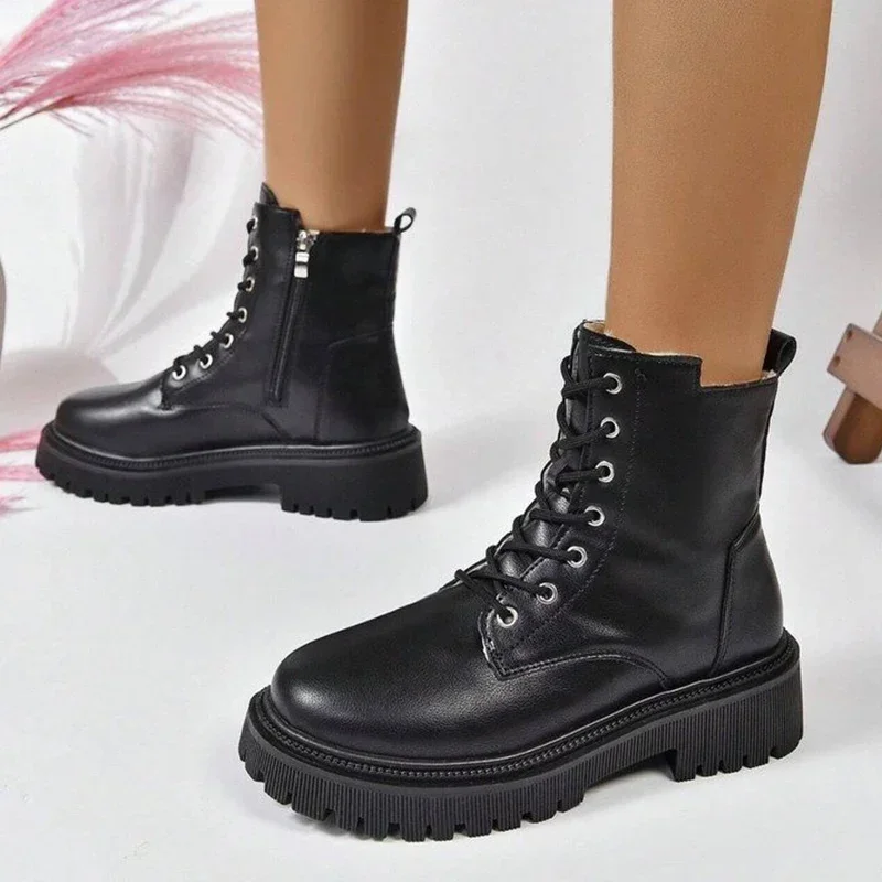 Winter Warm Short Plush Ankle Boots Women Fashion Zip Lace Up Platform Combat Boots Woman Comfy Low Heels Pu Leather Botas Mujer - Image 4