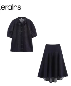 ZERAINS Autumn new women's clothing European and American style knot decoration denim shirt Midi skirt set - Image 3
