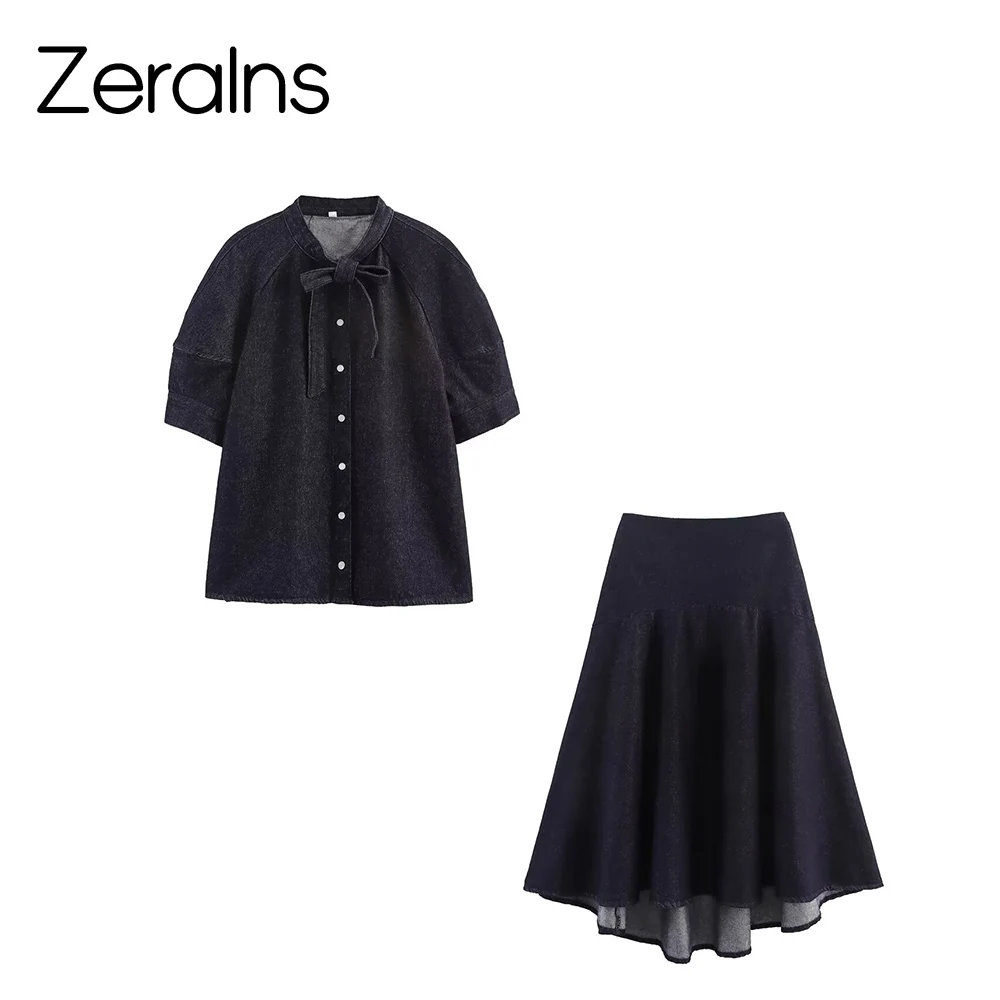 ZERAINS Autumn new women's clothing European and American style knot decoration denim shirt Midi skirt set - Image 3