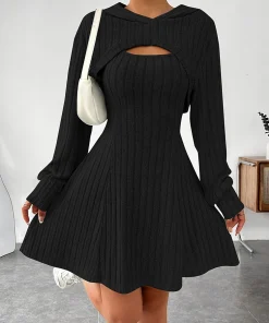 Women's blue ribbed knitted vest dress, short long sleeved top slim fit two-piece set, autumn and winter - Image 4