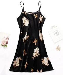 Women Nightwear Home Clothes Sexy Black Floral Printing Nightdress Sleepwear Nightshirts Silk Sleepshirts Nightgowns For Woman - Image 3
