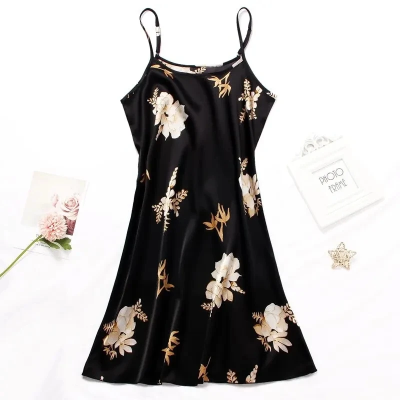 Women Nightwear Home Clothes Sexy Black Floral Printing Nightdress Sleepwear Nightshirts Silk Sleepshirts Nightgowns For Woman - Image 3