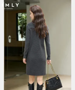 VIMLY Gray Dresses Woman Elegant 2025 Autumn Knitted Mock Neck Paneled Midi Lady Dress Straight Wool Blend Female Dresses 75187 - Image 3