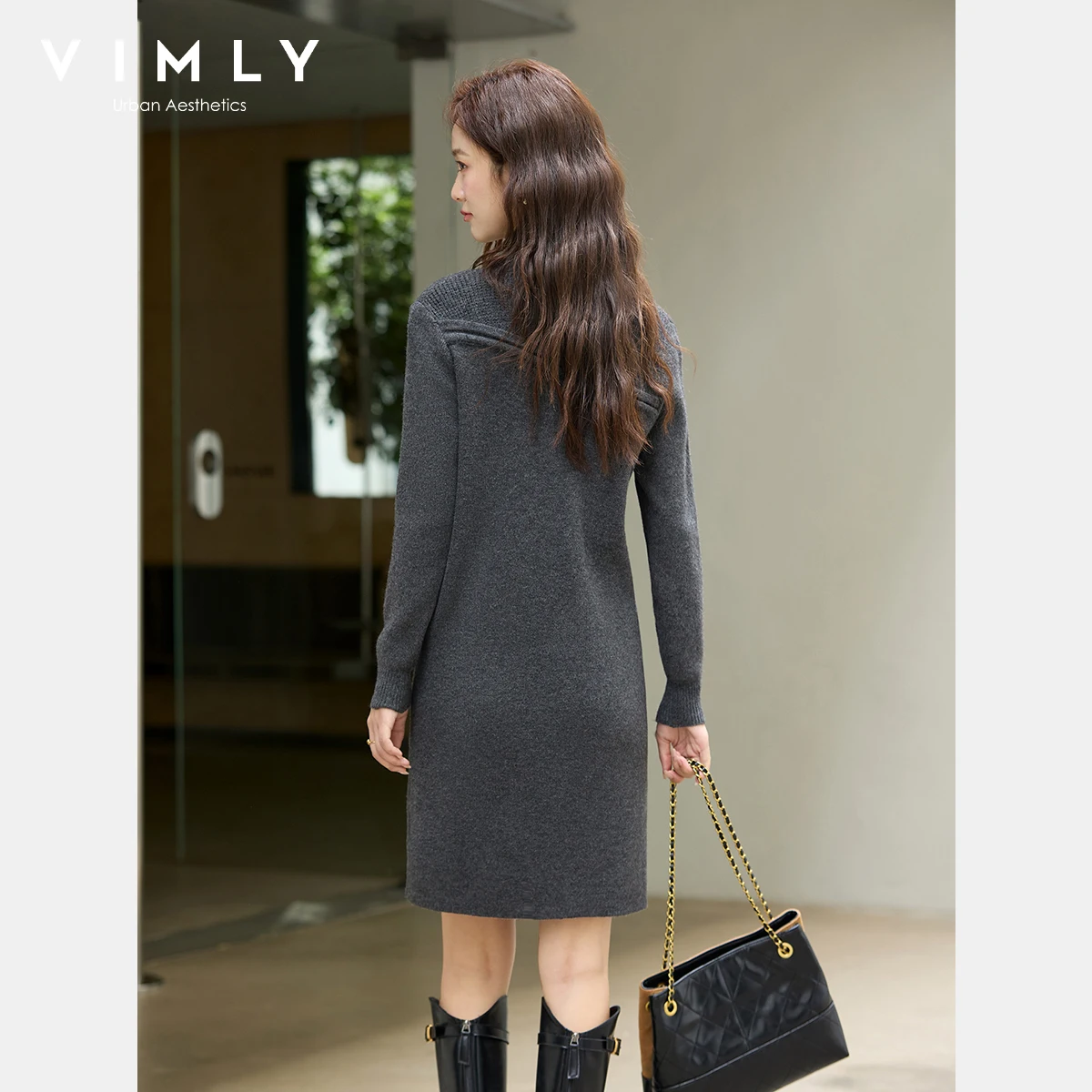 VIMLY Gray Dresses Woman Elegant 2025 Autumn Knitted Mock Neck Paneled Midi Lady Dress Straight Wool Blend Female Dresses 75187 - Image 3
