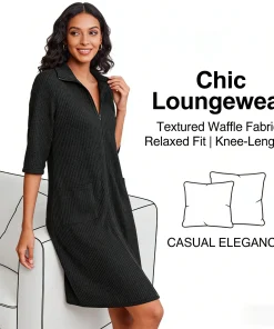 Womens Autumn and Winter Robe Three-Quarter Sleeve Zip-Up Short Style Pocket Design Soft and Warm Home Nightgown