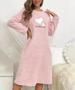 Heart Embroidery Flannel Sleepdress Pink Or Beige Long-Sleeve Round Neck Dress Super Soft Warm Nightgown Fit Winter Women's Pjs - Image 5