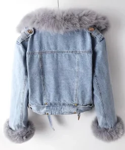 New Winter Denim Jacket Women Fashion Overcoat Faux Fox Fur Collar Jean Coat Female Short Warm Parkas Rabbit Hair Lining Outwear - Image 4