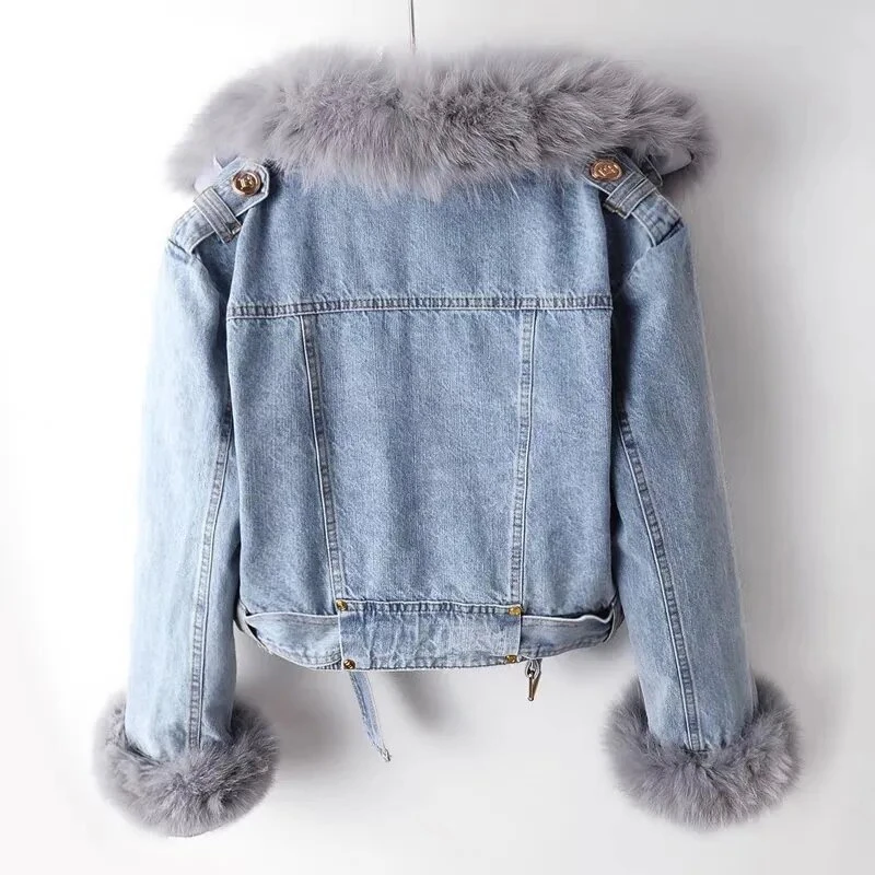 New Winter Denim Jacket Women Fashion Overcoat Faux Fox Fur Collar Jean Coat Female Short Warm Parkas Rabbit Hair Lining Outwear - Image 4