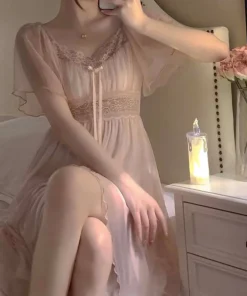 Spring Nightdress Women Lace Sweet Nightgown Home Dress Pajamas Summer Girl Princess Style Soft Sleepwear Nightwear Outwear