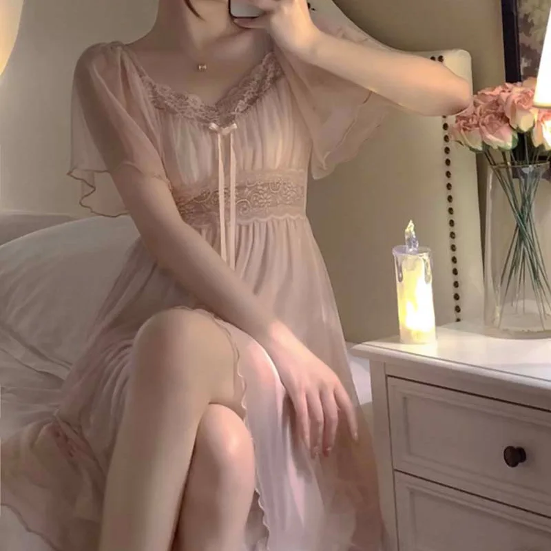 Spring Nightdress Women Lace Sweet Nightgown Home Dress Pajamas Summer Girl Princess Style Soft Sleepwear Nightwear Outwear