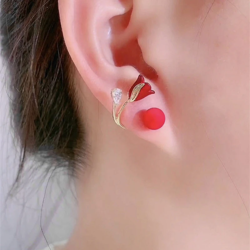 Korean Red Rose Stud Earring Fashion Imitation Pearl Flower Earrings for Woman Party Jewelry Christmas Gift New Arrivals - Image 3