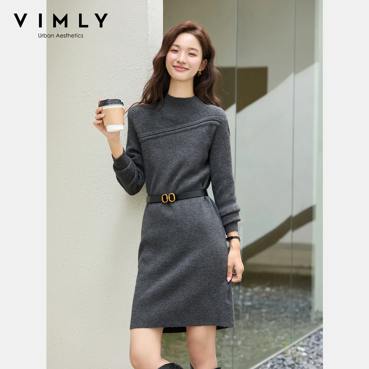 VIMLY Gray Dresses Woman Elegant 2025 Autumn Knitted Mock Neck Paneled Midi Lady Dress Straight Wool Blend Female Dresses 75187