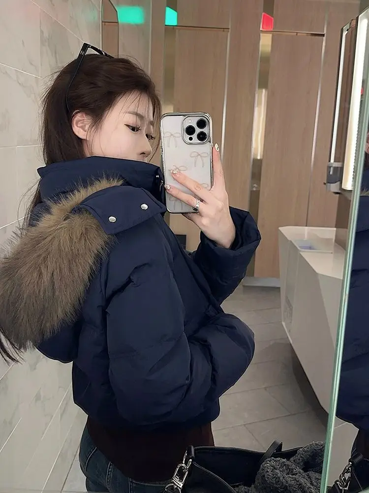 Large Fur Collar Hooded Cotton Jacket for Women, Thickened and Warm Parka, Short Puffer Jacket