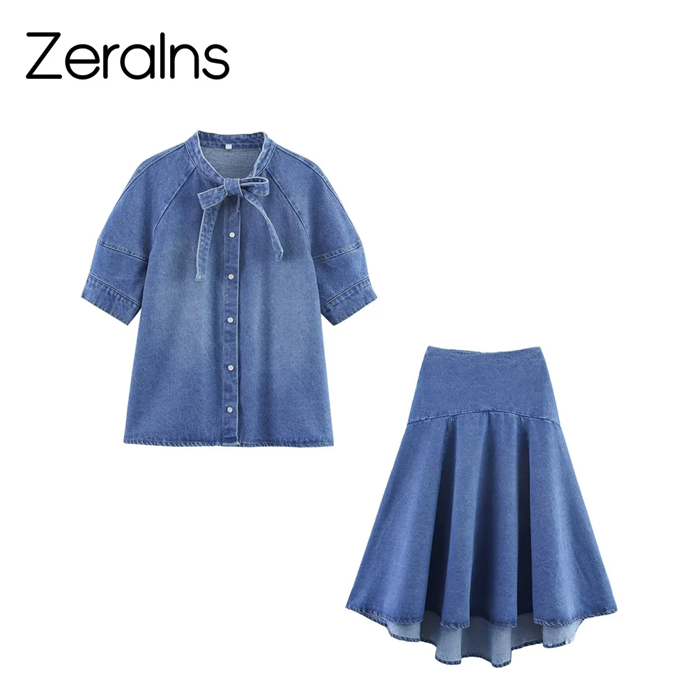ZERAINS Autumn new women's clothing European and American style knot decoration denim shirt Midi skirt set - Image 2