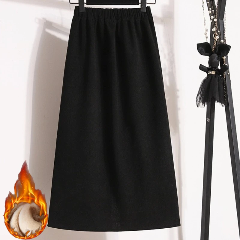 2026 Autumn Winter Plus Size Skirts Women High Waist Solid A-line Skirt Back Slit Korean Thick Elegant Fleece-lined Style Skirts - Image 4
