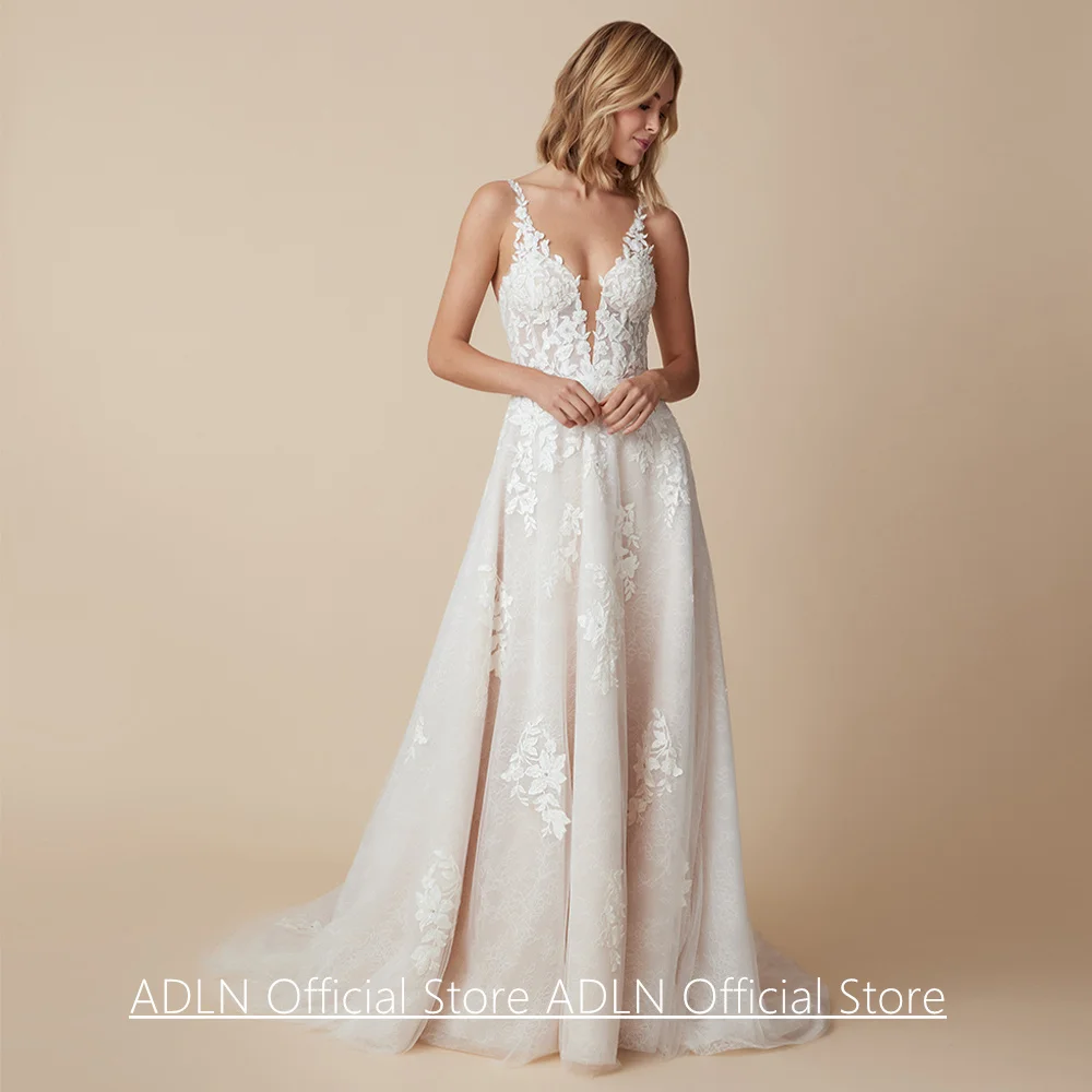 Wedding Dress Vestido De Noiva Sexy Customized V Neck Sleeveless Lace Applique Sweep Train Backless Bridal Gown for Woman