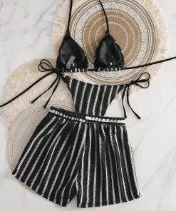 2026 new style boxer shorts mesh three-piece women's swimsuit neck lace-up bikini set - Image 5